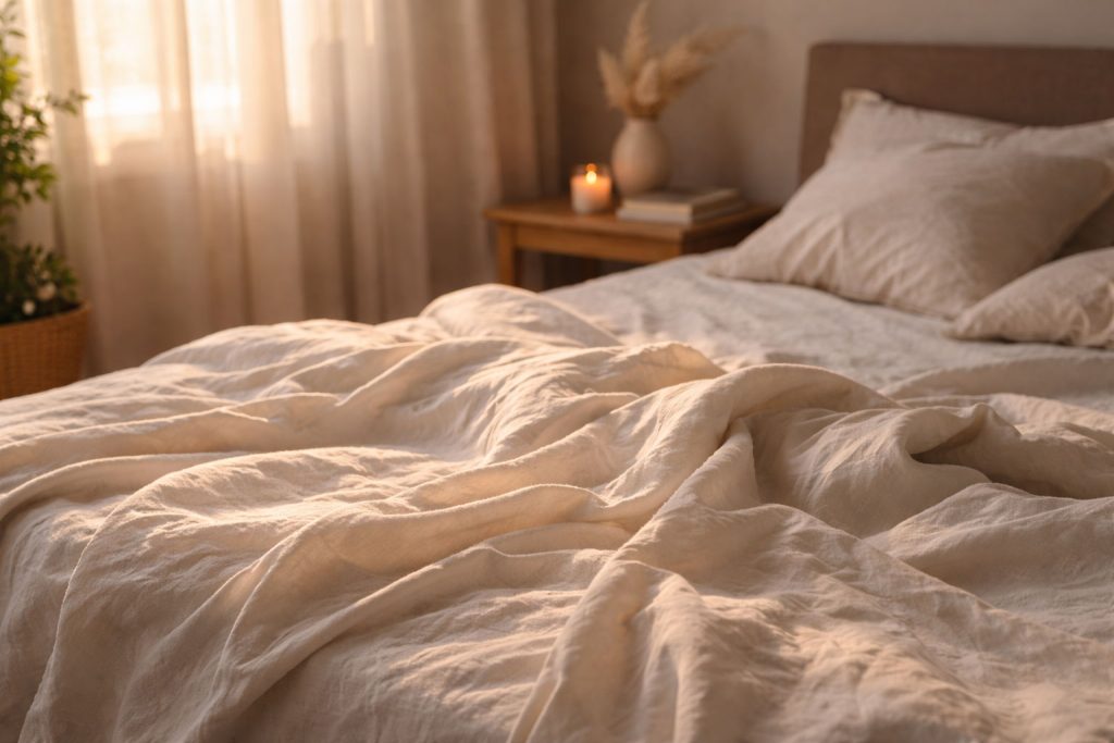 Lit vide draps lin beige bougie allumée table de chevet rayon soleil rideaux - Baisse de désir sexuel conseils sexologue Nathalie Flamme Lunel