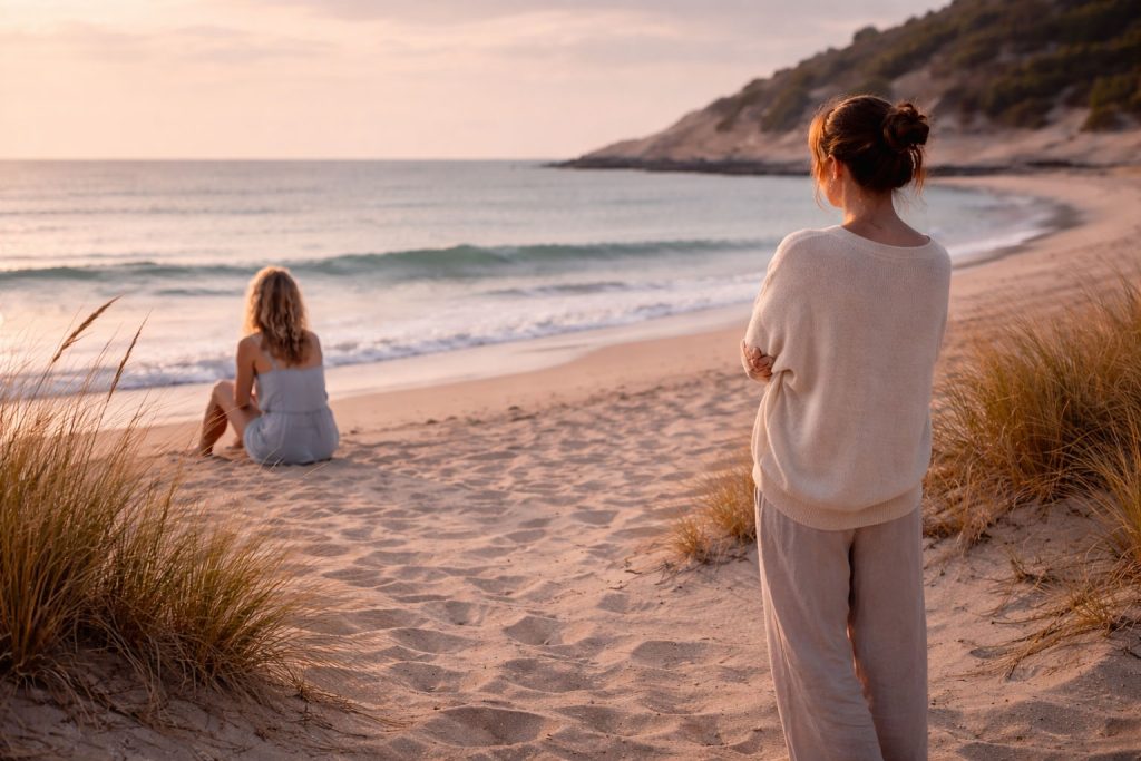 Couple de femmes en distance une assise face à la mer l'autre debout bras croisés - Thérapie de couple crise infidélité communication Lunel