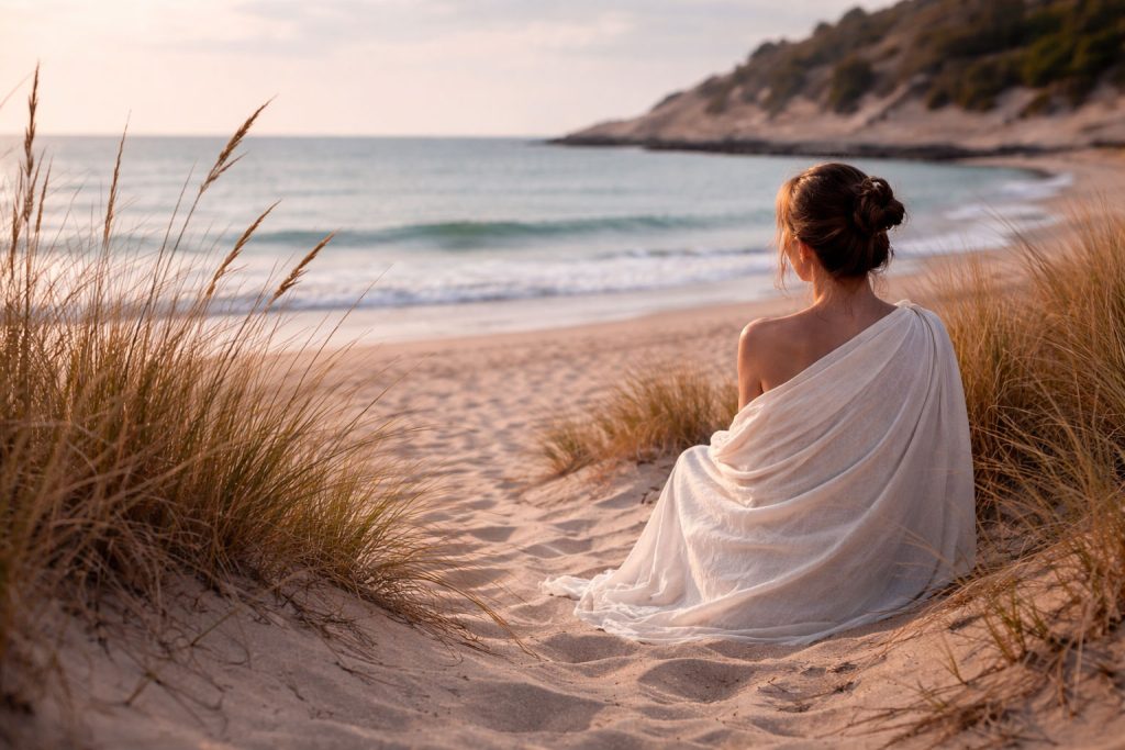 Femme pensive assise de dos sur le sable dans les dunes face à la mer - Quand consulter un sexologue pour les dysfonctionnements sexuels à Lunel