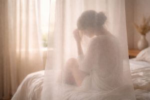 Femme pensive seule se tenant la tête derrière voile léger assise lit chambre intime - Malaise sexuel difficultés intimes sexologue Nathalie Flamme Lunel