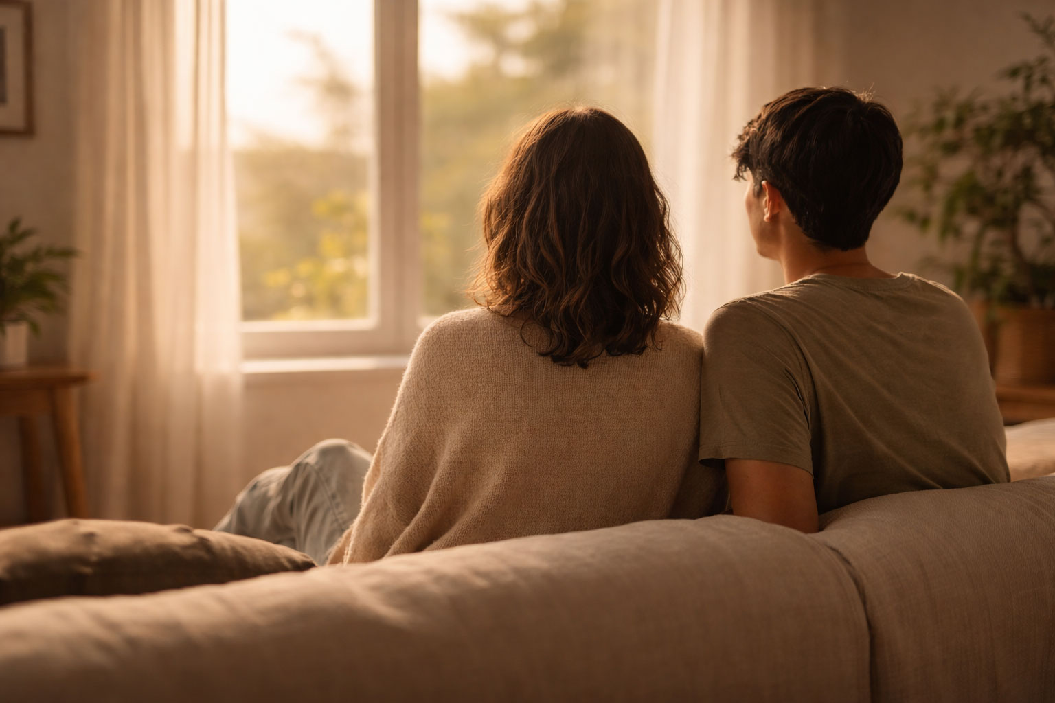 Couple proche en communication assis sur un canapé - Pourquoi se parler est indispensable sexologue Nathalie Flamme Lunel